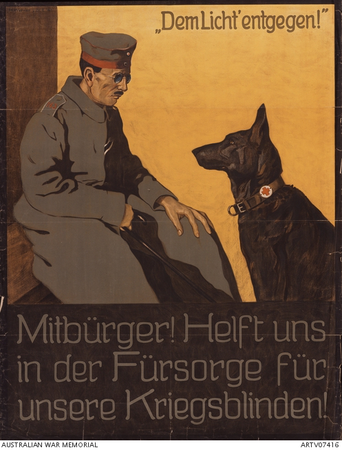 First World War German poster depicting a blind soldier with his guide dog wearing a Red Cross symbol on its collar. The German text translates as: "Towards the Light! Fellow citizens! Help us in caring for our war blind." The soldier's epaulette bears '163' in red ink. The poster asks fellow citizens to help those in solitude through being blinded by the war.