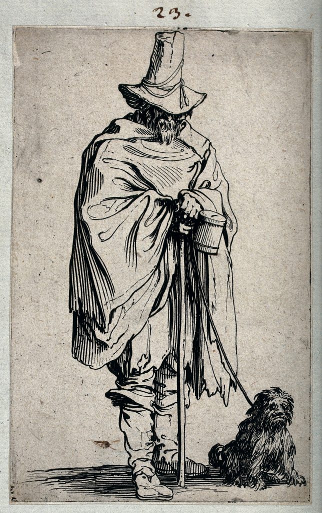 This is an etching of a blind man standing, holding a vessel with a slot into the top of which coins can be inserted. There is a black dog at the man’s foot. The man is holding a cane.