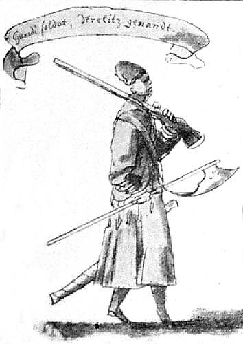 The black and white image shows a soldier in profile carrying a musket and a weapon in the other hand.