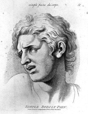The black and white image shows a engraving of the head of a man grimacing in pain.