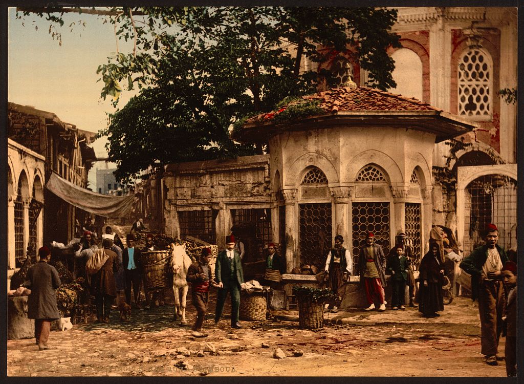 The color image shows a photograph of an Istambuli street, with a tiled building in the background and people wearing fez's walking on a street. A white horse carries two baskets in the frame.