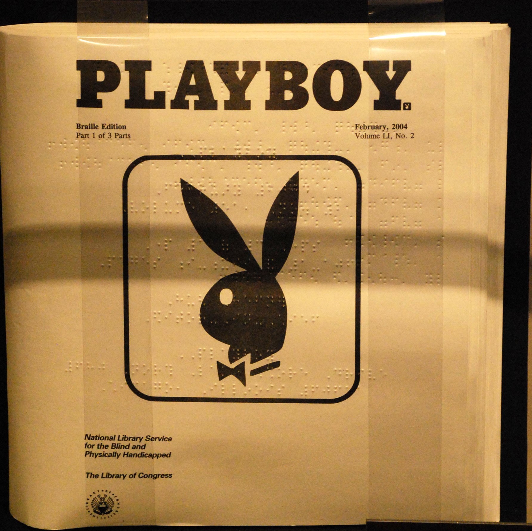 A vesion of playboy magazine in braille, on display at the library of congress.