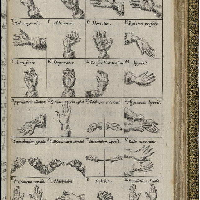 Page from JohnBulwer's Chirologia listing different variations of finger spelling