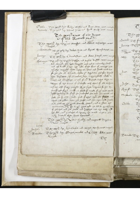 A hand-written extract from a Tudor parish register, recording the details of a deaf sign-language marriage. 