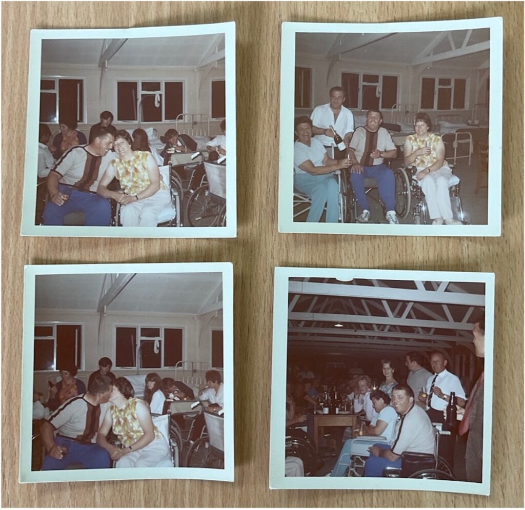 The image shows four square polaroid photos organised in a two-by-two pattern on a wooden surface. All of the photos are taken place in a building with white walls, ceiling support beams. Windows are visible in three of the four pictures. The image to the top left shows Gwen and Jon Buck posing for a photo, with John looking at Gwen. Both Gwen and John are using their wheelchairs. Other people, beds and wheelchairs can be seen behind them. The bottom left shows the same scene, but with Gwen and John kissing. The top right photo also shows the same scene, although Gwen and John are joined by two others, one of whom is in a wheelchair, and one standing behind. The latter person is holding a bottle of wine, and everyone else is holding drinking glasses. The bottom right photo shows a new angle of the previous photos. John Buck is positioned in the foreground, with others standing behind him or stationary in wheelchairs next to him. There is a table in the background with drinks bottles on its surface, and those around John are also holding drinks.   