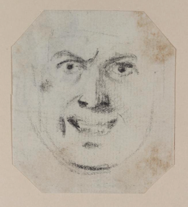 In a hexagonal frame is a light charcoal sketch of a man with furrowed brows, small staring pupils, and a asymmetrical smile.