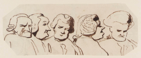 An ink sketch of five wigged men appearing to deliberate. From left to right, the first man stares off to the right, presumably where the action is taking place outside of the viewer's purview. The second and third man are angled towards one another, yet appear to remain attentive to the action. The fourth and fifth man are also angled towards one another in intense conversation and deliberation.