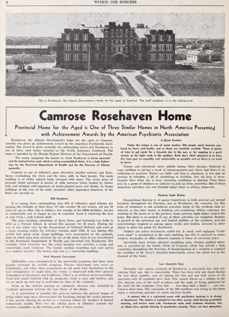 Excerpt from "Within Our Borders." The title reads: "Camrose Rosehaven Home: Provincial Home for the Aged is One of Three Similar Homes in North America Presented with Achievement Awards by the American Psychiatric Association."