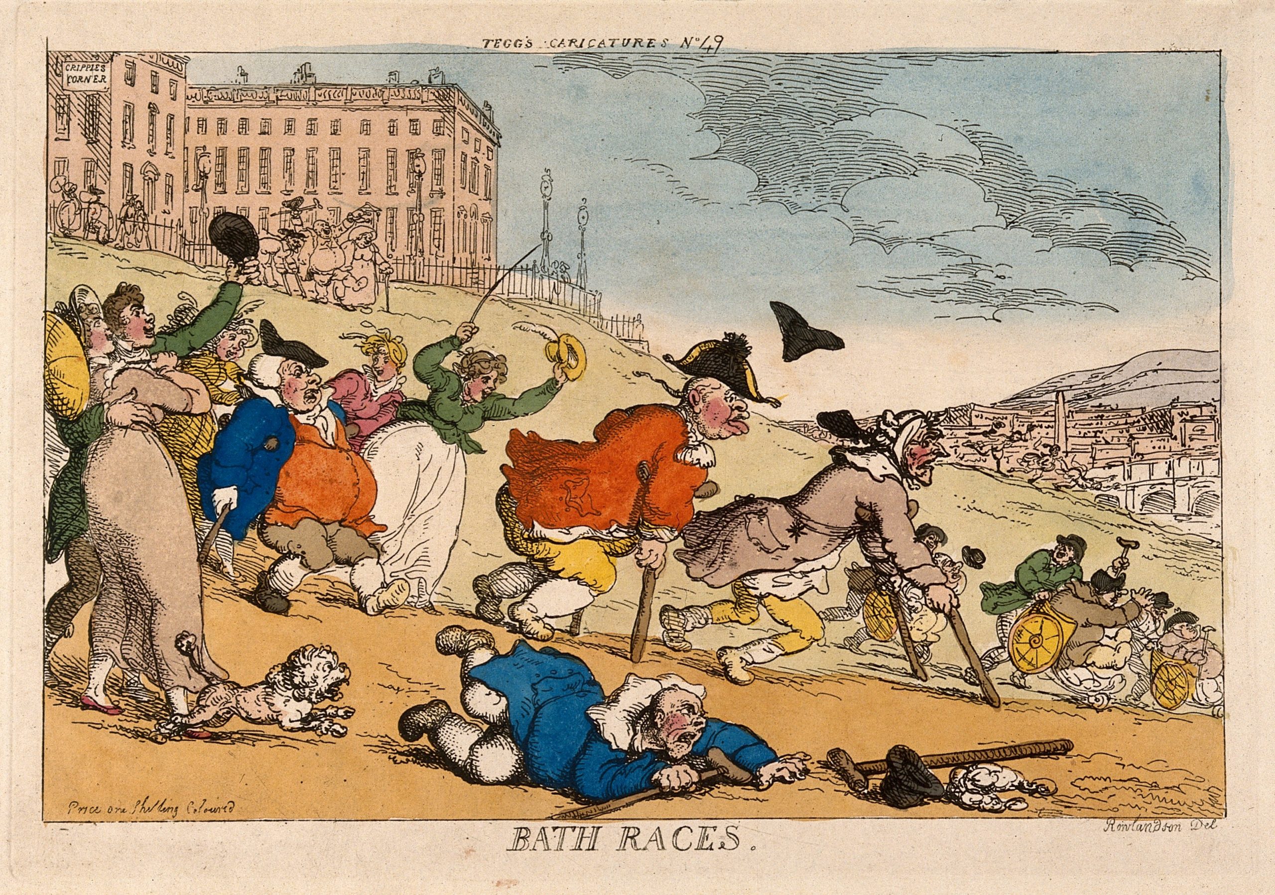 A hand-coloured print of a number of invalids rushing down the side of a hill in Bath. The invalids use crutches with three others being escorted in bath chairs. A man wearing regimentals is in the centre of the picture whilst in the foreground, another man has fallen onto his front, his crutches splayed. A couple, embracing each other, cheer the competitors on. On the top of the hill stand grand buildings, one with the sign 'Cripples Corner'. Bridge over the river with the town on the right.