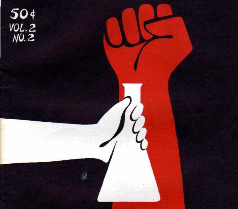 A red fist raised against black background. In the front is a white illustration of a hand holding a laboratory flask