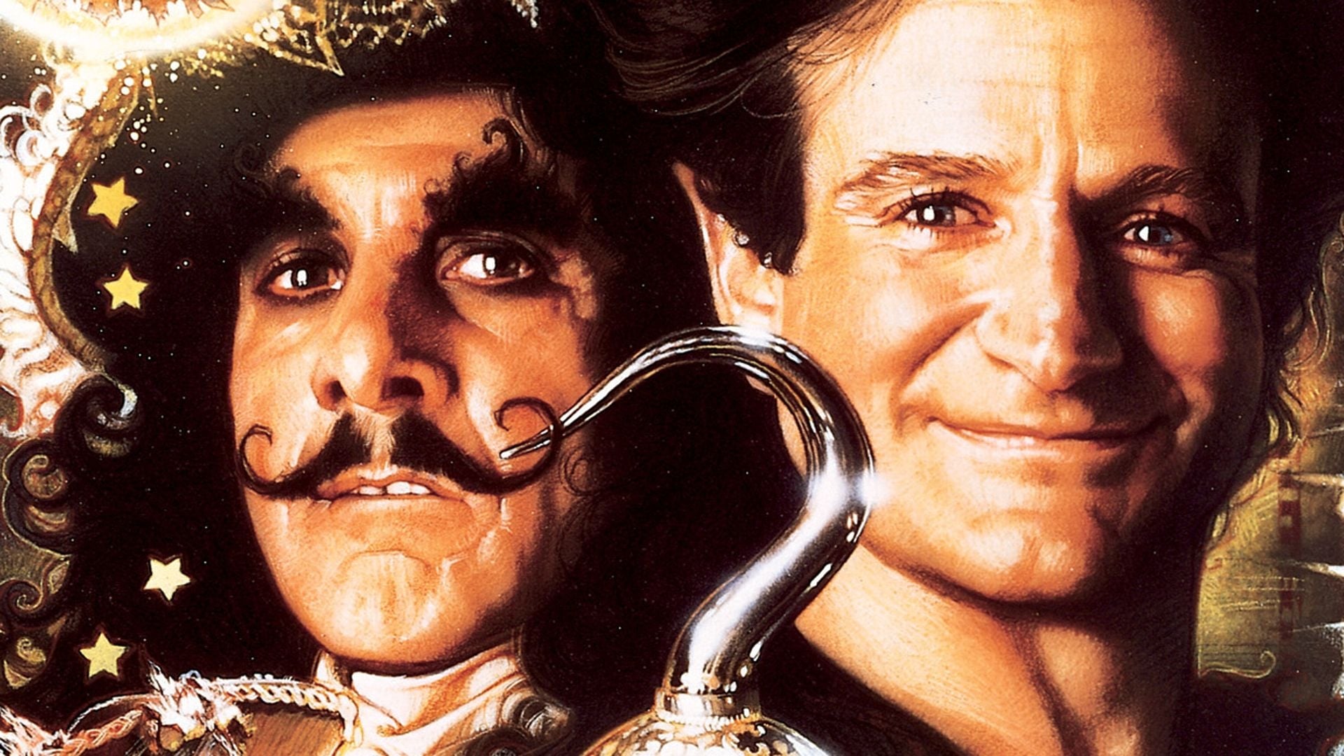 Still from the poster for the movie Hook showing Caption Hook and Peter Pan smiling. Between them is a hook