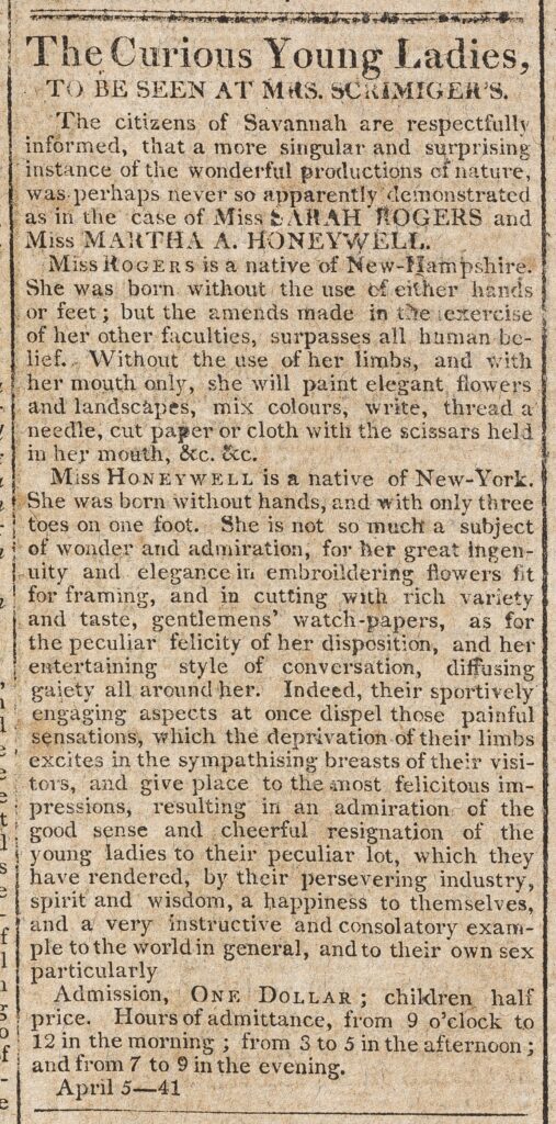 Newspaper clipping dated 1808 titled "The Curious Young Ladies"