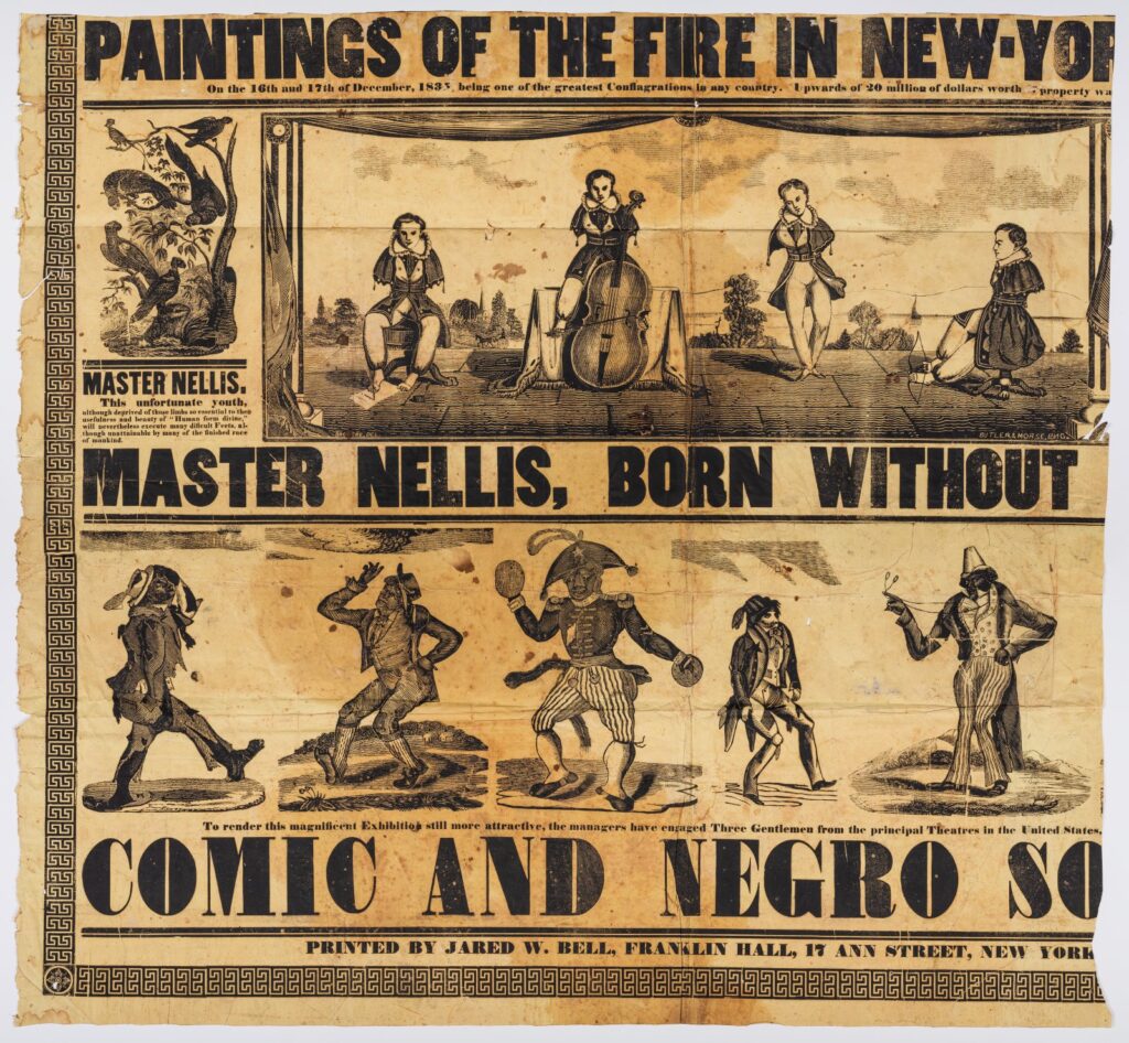 Printed poster advertising "Master Nellis, born without [arms]" Images include white men without arms. Advertisement on same page includes images of Black men in ostensibly comic poses. 