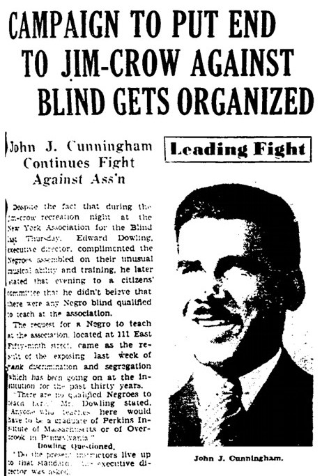 A scanned page of a newpaper with the image of a man smiling and headline reading "Campaign to put end to Jim-Crow against blind gets organized"