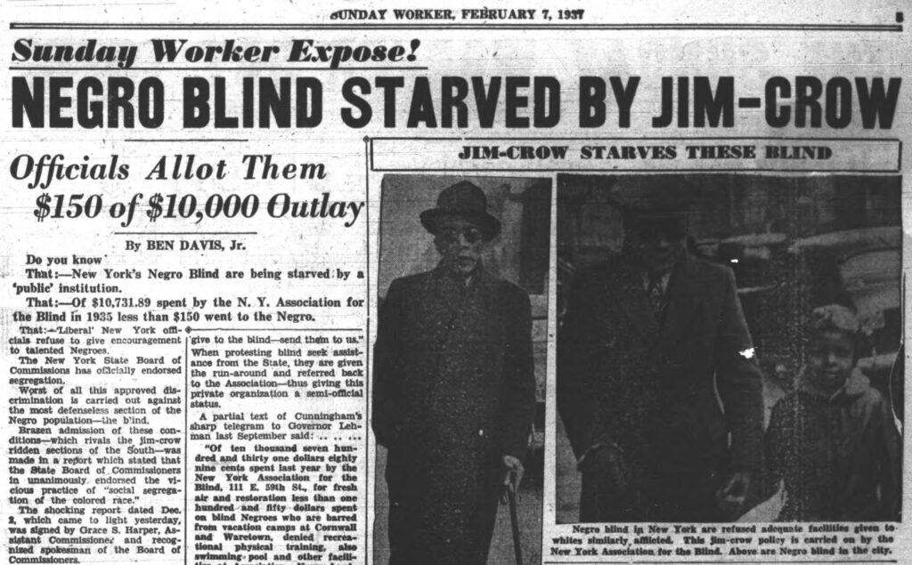 A scanned page of a newpaper showing a blind man with a cane and the headline "Negro Blind starved by Jim-Crow"